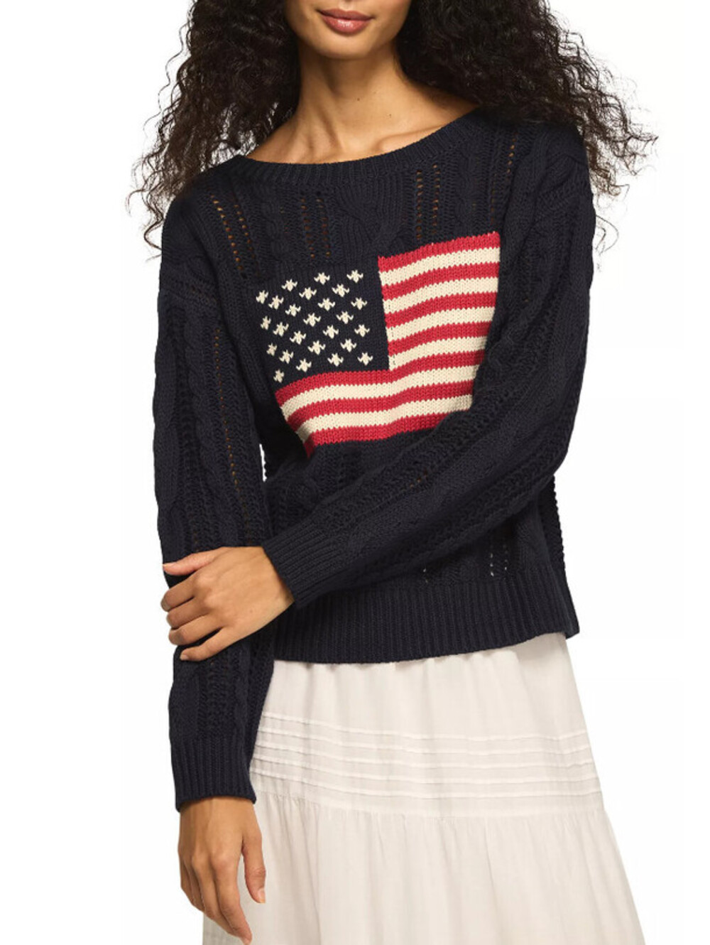 Lucky Brand NWT American Flag Cable Knit Cotton Sweater Navy Red White L
